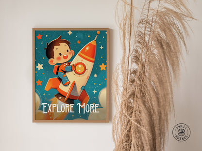 Explore More Poster | Kids Room Astronaut Space Theme Wall Art | Framed or Unframed