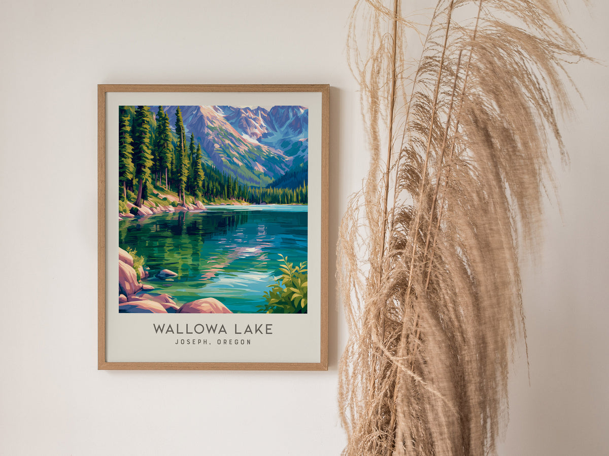 Wallowa Lake Matte Border Poster | Joseph, Oregon Travel Wall Art — styled in a modern interior