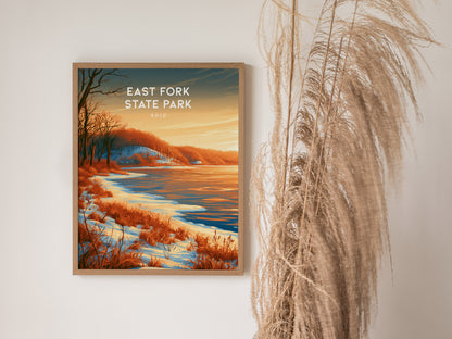 East Fork State Park, Ohio Poster | Lakeside Serenity & Rolling Hills Wall Art — styled in a modern interior