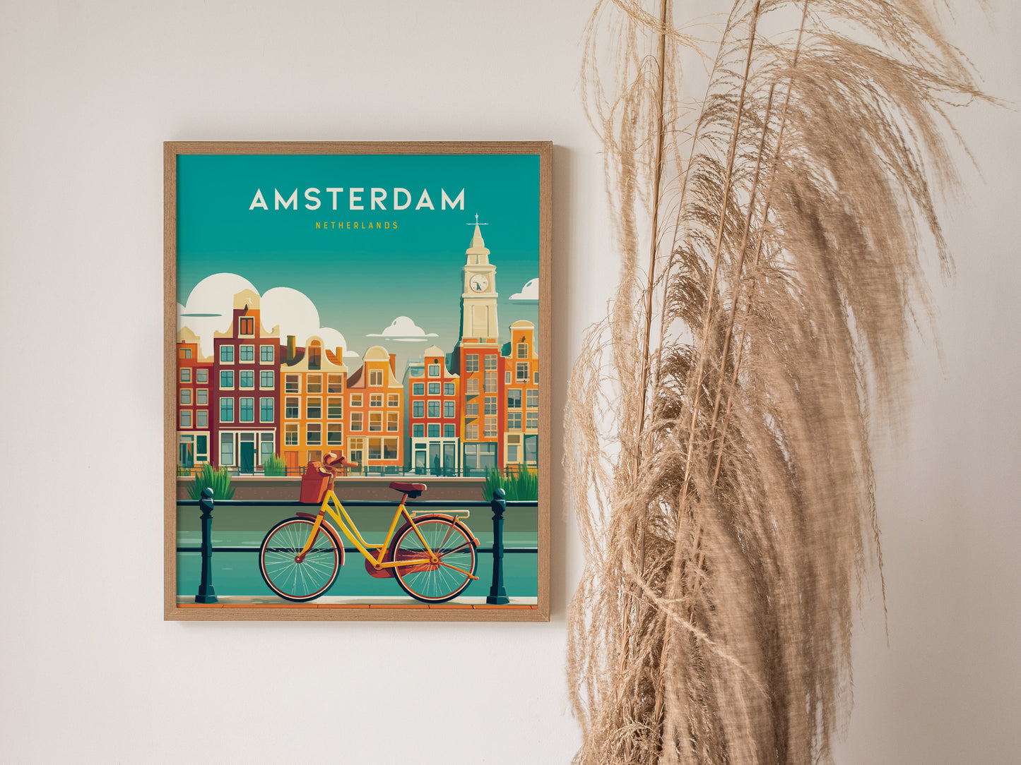 Vibrant Amsterdam canal houses and a bicycle in the foreground, featuring bold colors and an inviting design for travel art enthusiasts.
