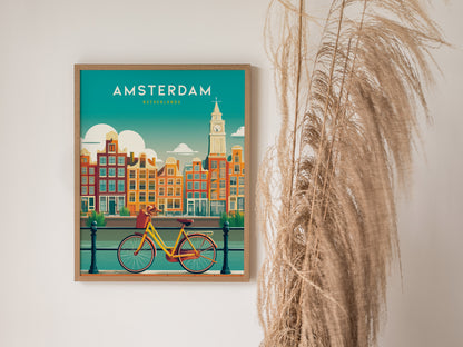 Vibrant Amsterdam canal houses and a bicycle in the foreground, featuring bold colors and an inviting design for travel art enthusiasts.