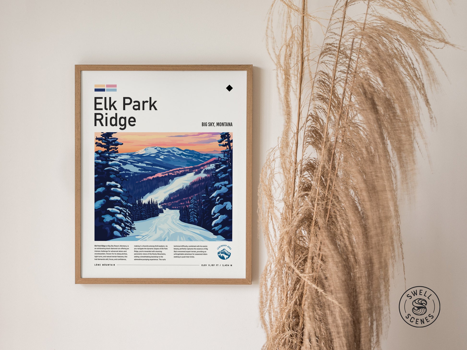 Framed Elk Park Ridge ski poster on a white wall with dry grass decor beside it. The artwork features a snowy mountain scene under a colorful sky.