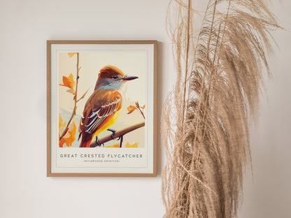Great Crested Flycatcher Poster | Woodland Songbird Nature Wall Art — styled in a modern interior