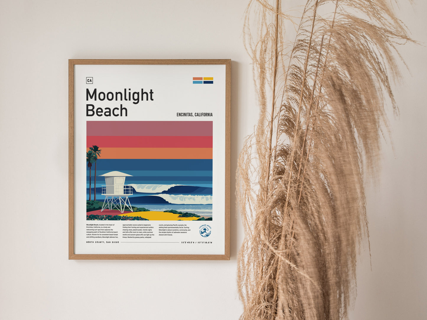 Stylized Moonlight Beach poster featuring a white lifeguard tower, palm trees, vibrant sunset colors, and crashing waves, perfect surf art decor.