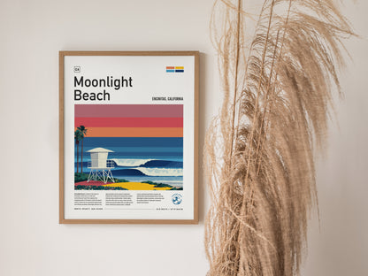 Stylized Moonlight Beach poster featuring a white lifeguard tower, palm trees, vibrant sunset colors, and crashing waves, perfect surf art decor.