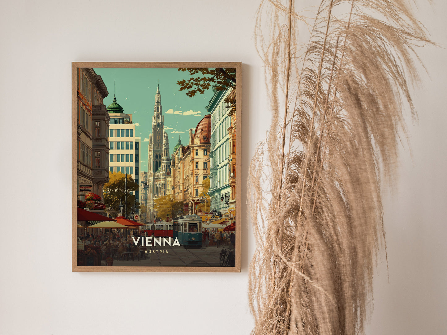 Framed Vienna cityscape poster featuring a gothic building, trams, and vibrant street life in muted blues and warm earth tones.