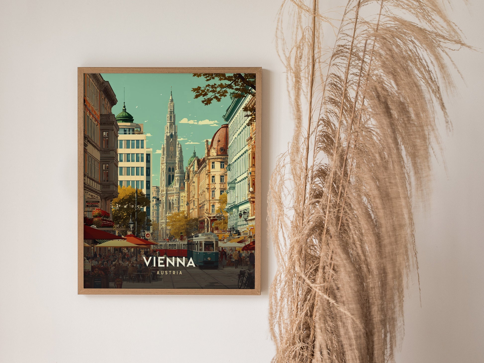 Framed Vienna cityscape poster featuring a gothic building, trams, and vibrant street life in muted blues and warm earth tones.