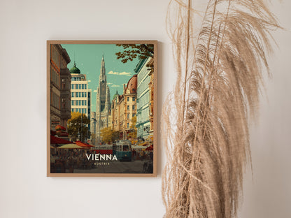 Framed Vienna cityscape poster featuring a gothic building, trams, and vibrant street life in muted blues and warm earth tones.
