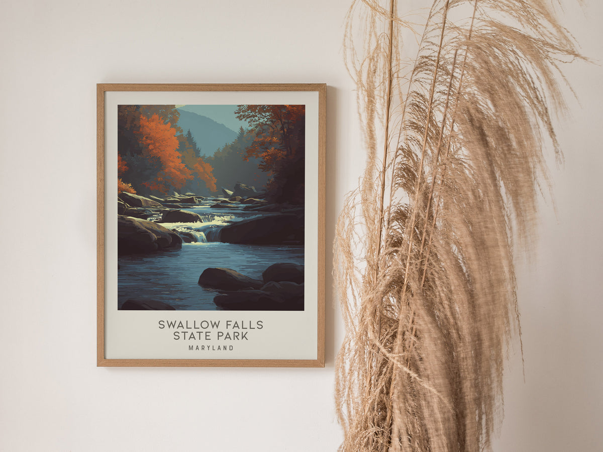 Swallow Falls State Park Matte Border Poster | Maryland Travel Wall Art — styled in a modern interior