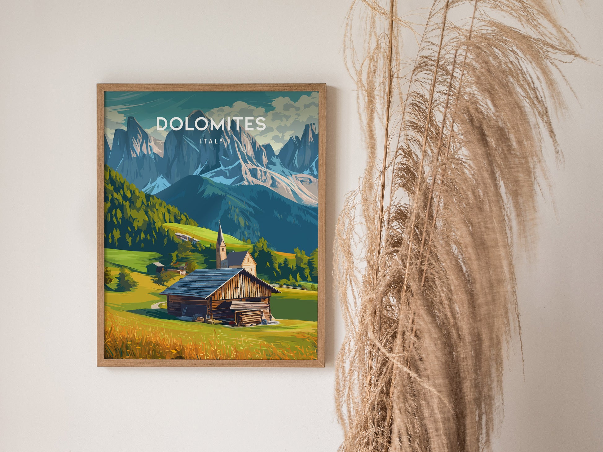 Dolomites, Italy Poster | Alpine Peaks & Meadow Travel Wall Art — styled in a modern interior