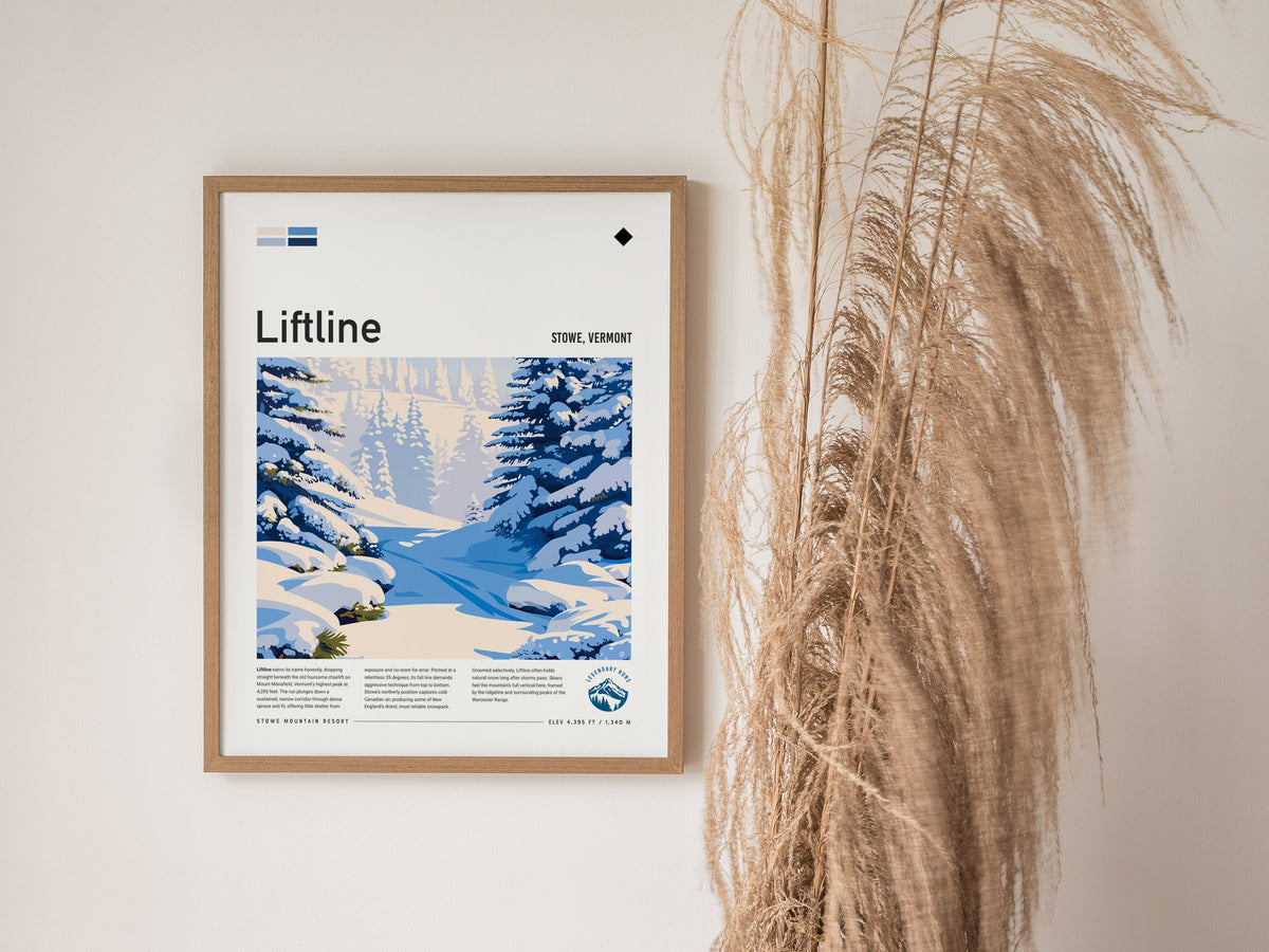 Liftline, Stowe, Vermont Poster | Alpine Print Ski Lodge Decor Wall Art — styled in a modern interior