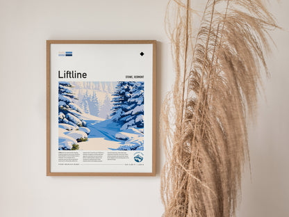 Liftline, Stowe, Vermont Poster | Alpine Print Ski Lodge Decor Wall Art — styled in a modern interior