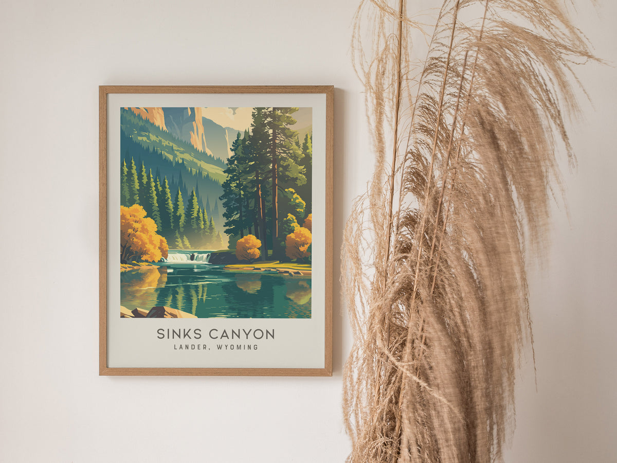 Sinks Canyon Matte Border Poster | Lander, Wyoming Travel Wall Art — styled in a modern interior