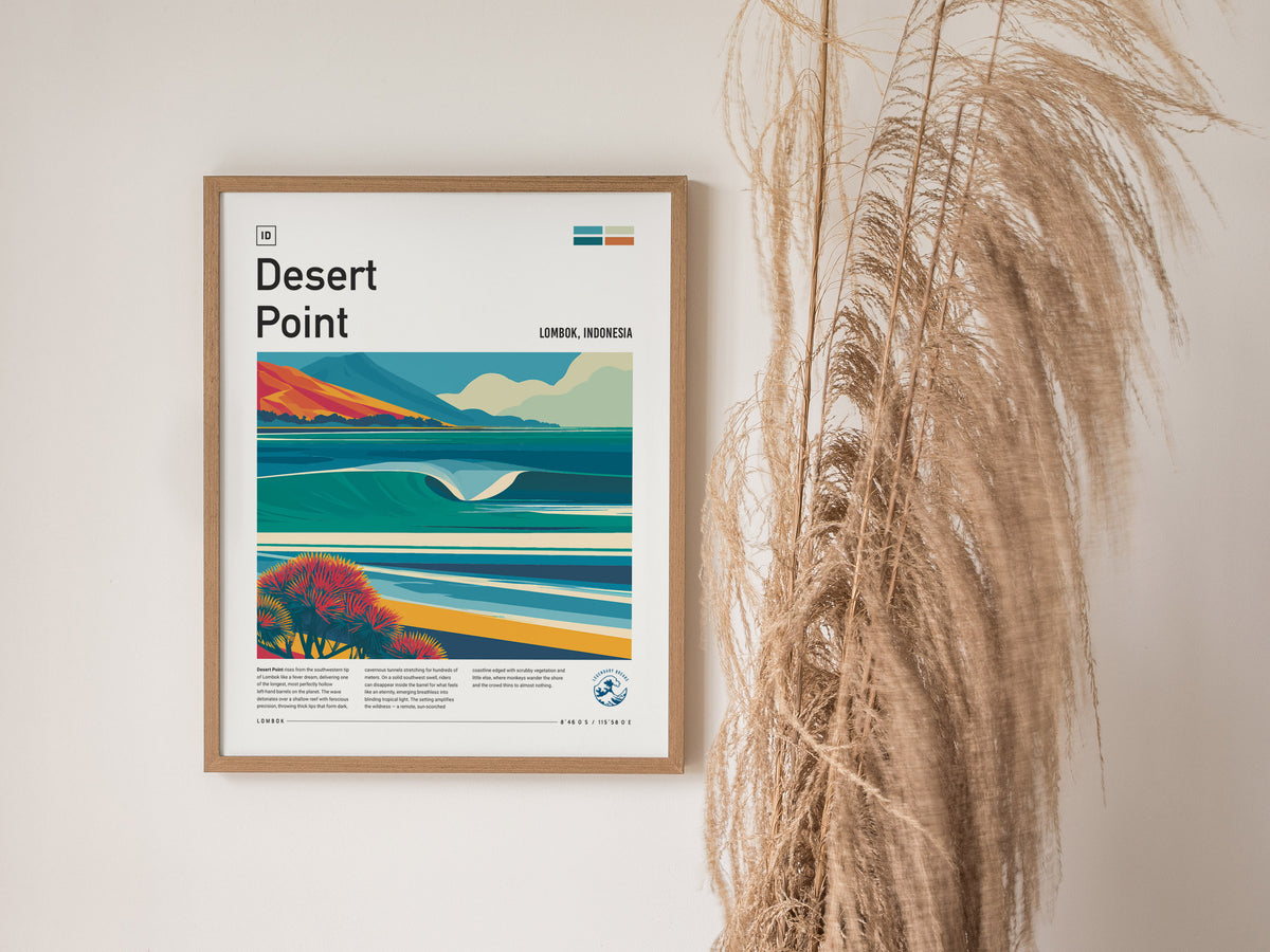 Desert Point, Lombok, Indonesia Poster | Surf Wall Art & Wave Print Wall Art — styled in a modern interior
