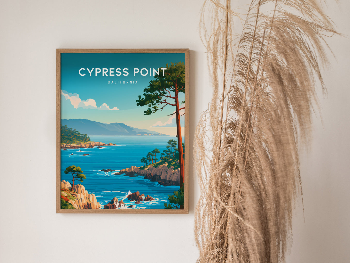 Cypress Point, California Poster | Coastal Beach Decor Travel Gift Wall Art — styled in a modern interior