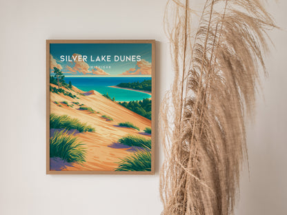 Silver Lake Dunes, Michigan Poster | Sand Dunes & Lakeshore Destination Print Wall Art — styled in a modern interior