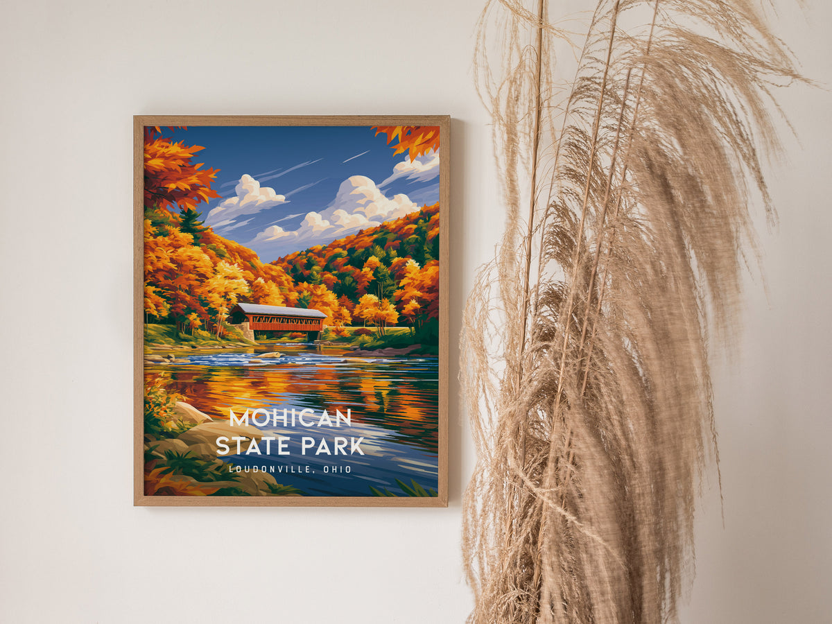 Mohican State Park, Loudonville, Ohio Poster | Wilderness River & Forest Travel Wall Art — styled in a modern interior