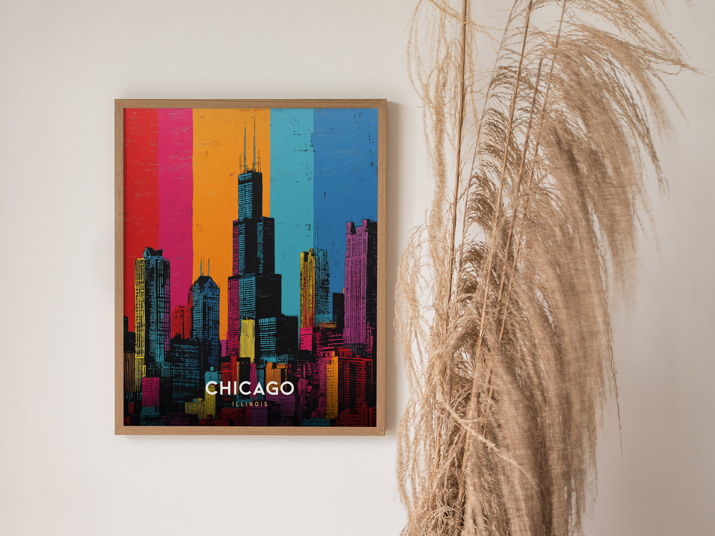 Chicago Skyline Pop Art Poster | Warhol Style Illinois Travel Print | Framed or Unframed