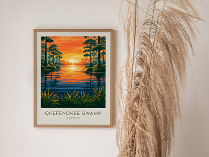 Okefenokee Swamp Matte Border Poster | Georgia Vacation Wall Art Framed or Unframed — styled in a modern interior