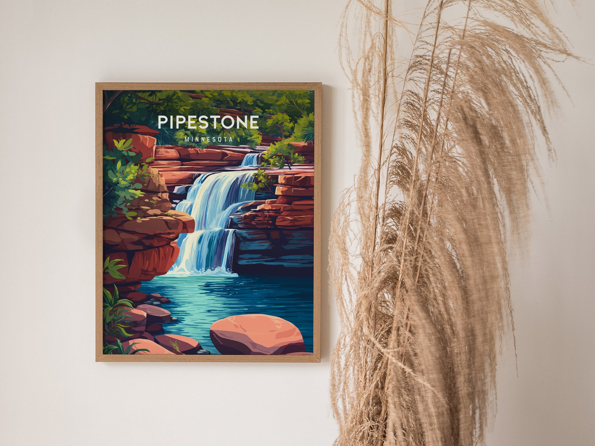 Pipestone, Minnesota Poster | Sacred Quarry & Prairie Sunset Wall Art — styled in a modern interior