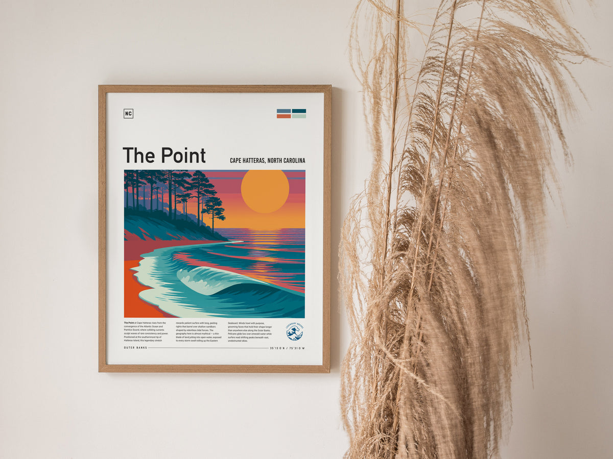 The Point, Cape Hatteras, North Carolina Poster | Surf Wall Art Beach House Decor — styled in a modern interior