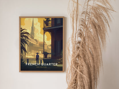 A framed poster of the French Quarter in New Orleans hangs on a wall, featuring vibrant architecture and a person in silhouette. Pampas grass decorates the adjacent space.
