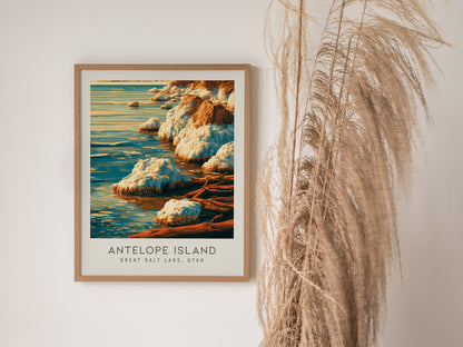 Antelope Island Matte Border Poster | Great Salt Lake, Utah Travel Wall Art — styled in a modern interior