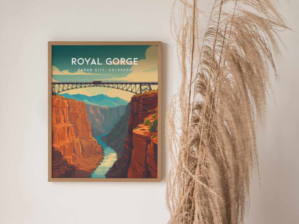 Royal Gorge, Canon City, Colorado Poster | Dramatic Canyon Bridge Destination Print Wall Art — styled in a modern interior