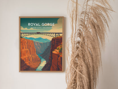 Royal Gorge, Canon City, Colorado Poster | Dramatic Canyon Bridge Destination Print Wall Art — styled in a modern interior