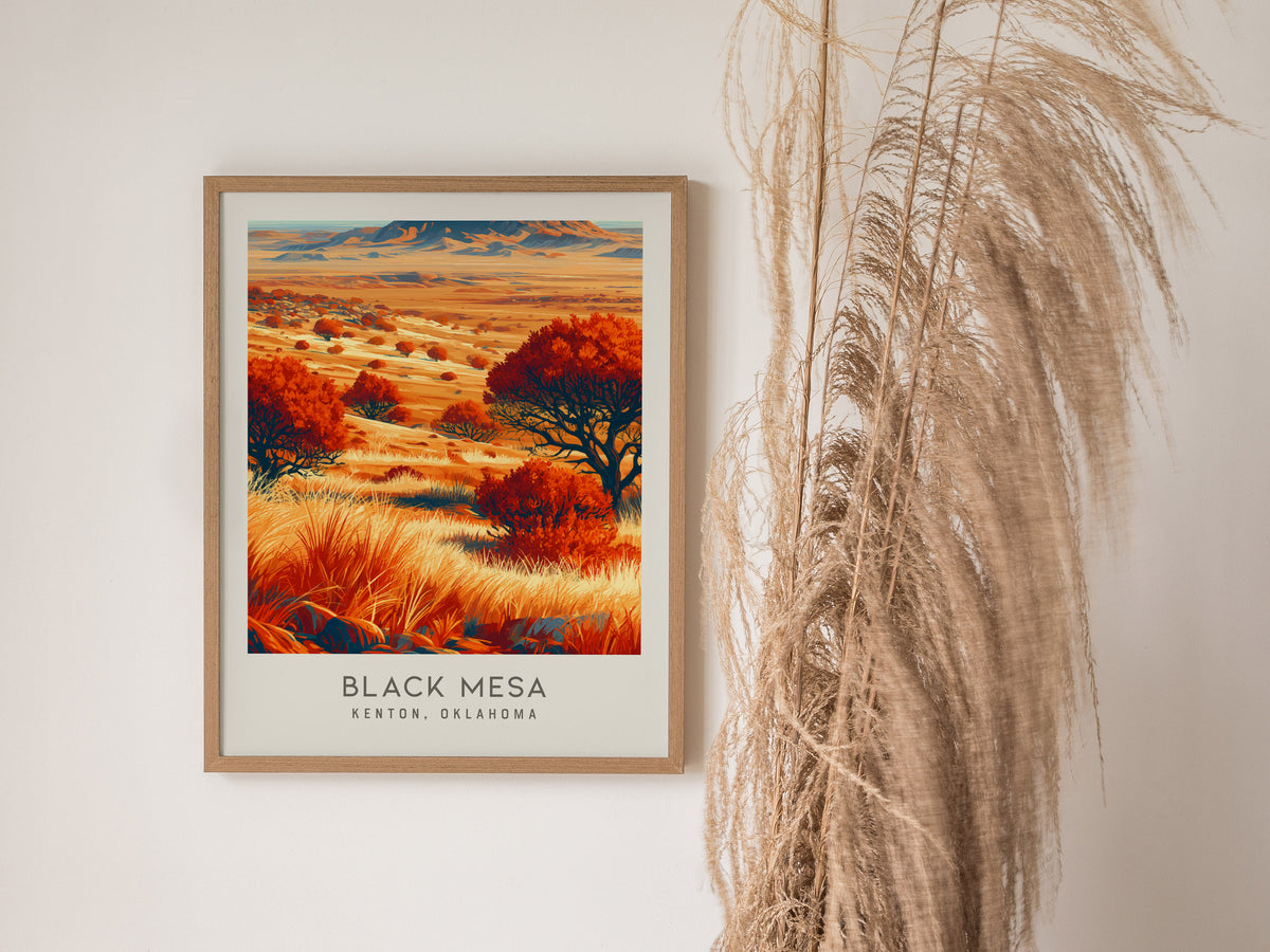 Black Mesa Matte Border Poster | Kenton, Oklahoma Destination Print Travel Wall Art — styled in a modern interior