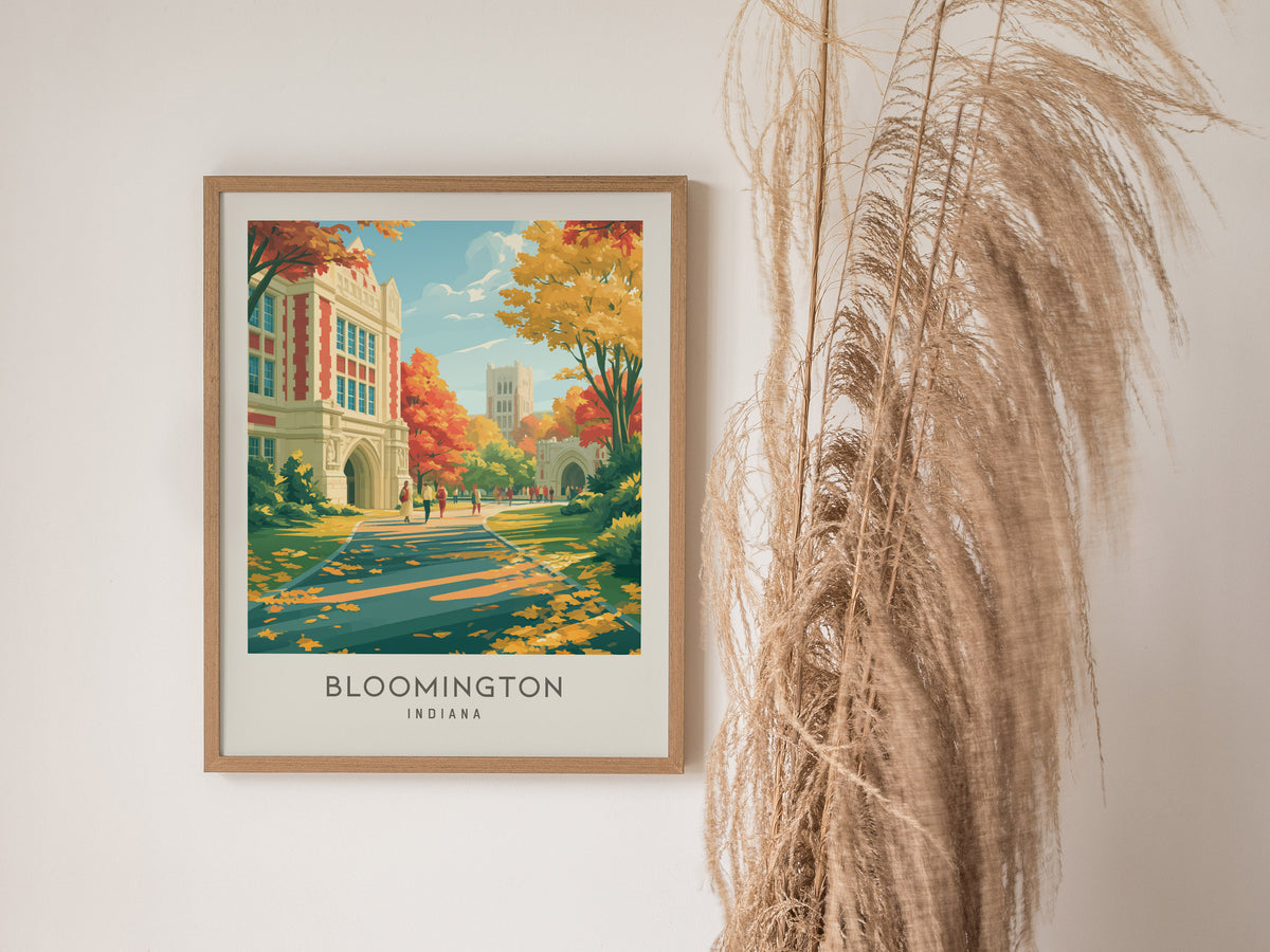 Bloomington Matte Border Poster | Indiana Destination Print Travel Wall Art — styled in a modern interior
