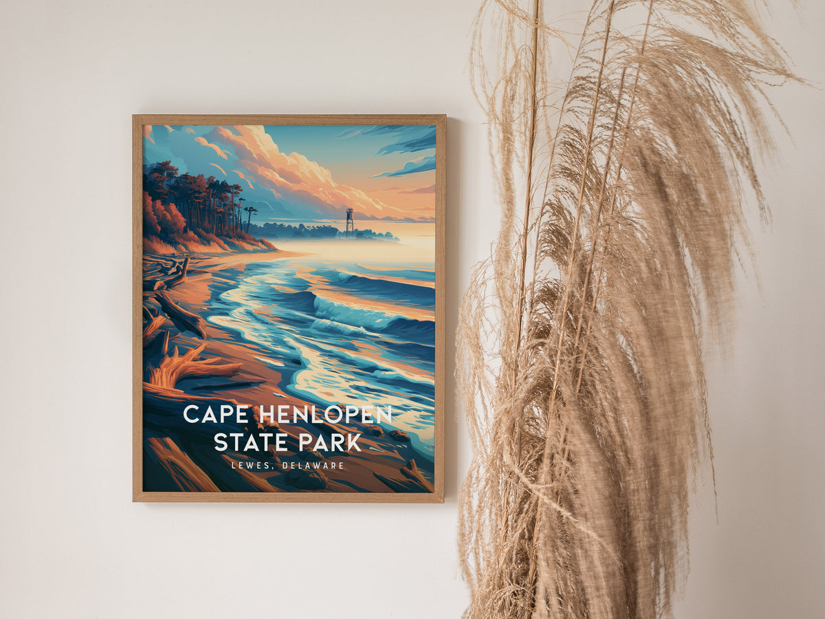 Cape Henlopen State Park, Lewes, Delaware Poster | Dunes & Lighthouse Coastal Beach Decor — styled in a modern interior