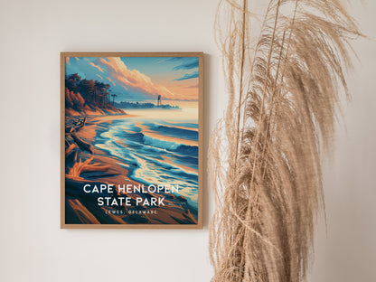 Cape Henlopen State Park, Lewes, Delaware Poster | Dunes & Lighthouse Coastal Beach Decor — styled in a modern interior
