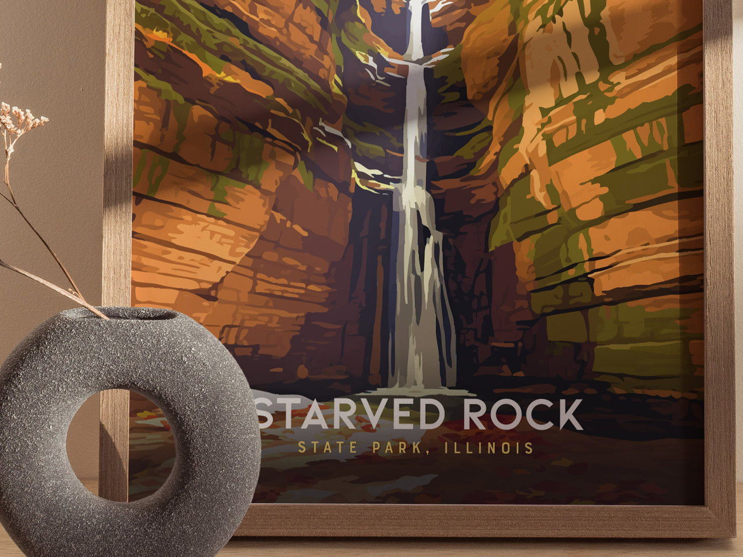 Starved Rock State Park, Illinois Poster | Canyon Waterfall Destination Print Wall Art — styled in a modern interior