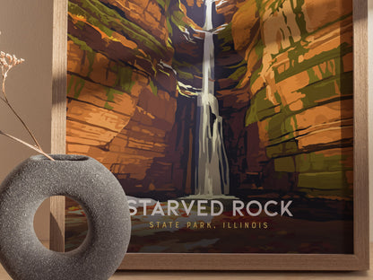 Starved Rock State Park, Illinois Poster | Canyon Waterfall Destination Print Wall Art — styled in a modern interior