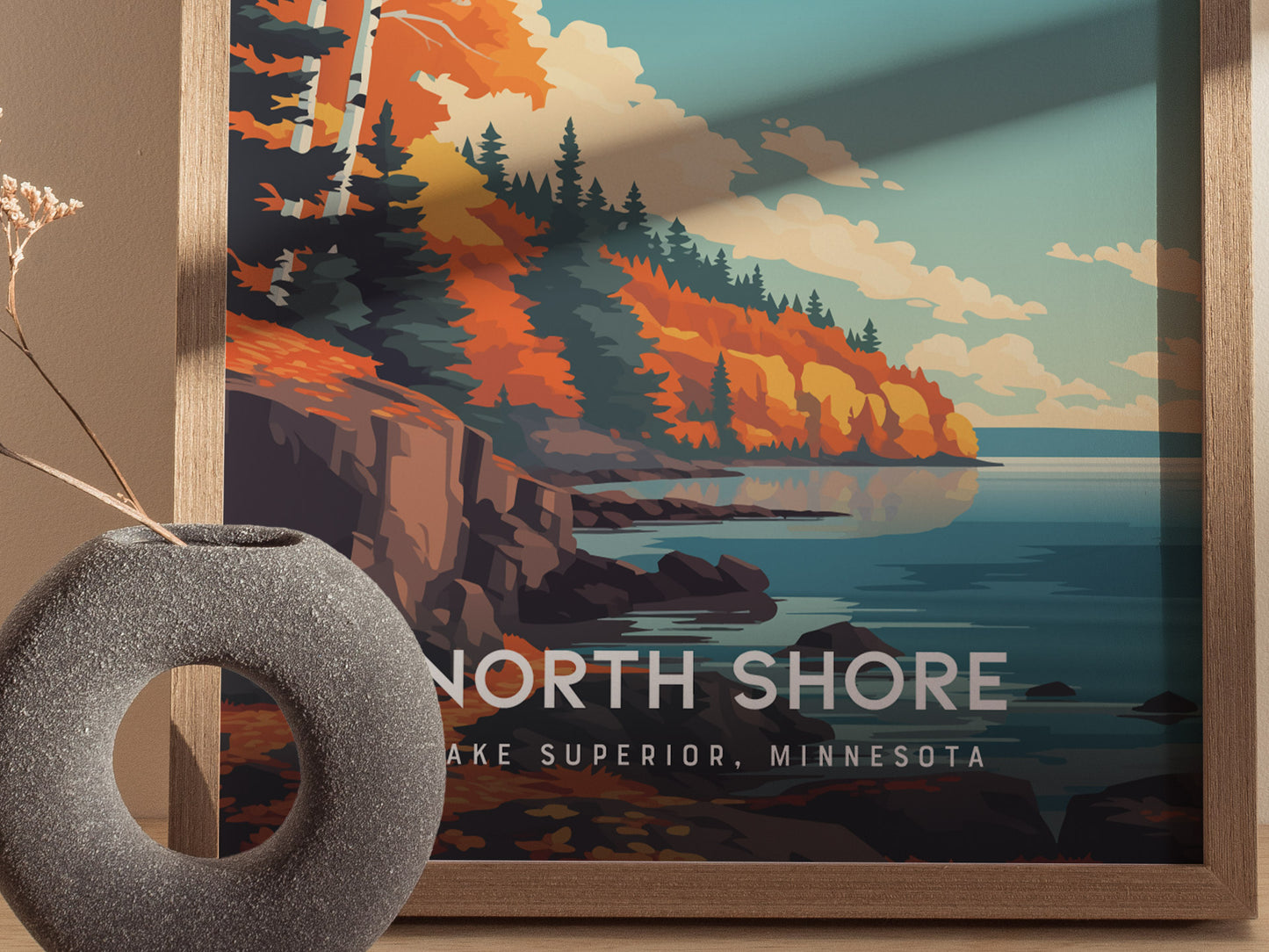 A colorful poster featuring the North Shore of Lake Superior, Minnesota, showcasing vibrant autumn foliage along rocky cliffs and a serene lake.