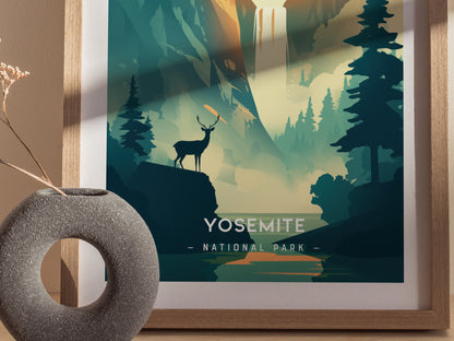 A minimalist Yosemite poster features a silhouette of a deer on a cliff, with a waterfall and pine trees in the background. A circular stone vase is in the foreground.