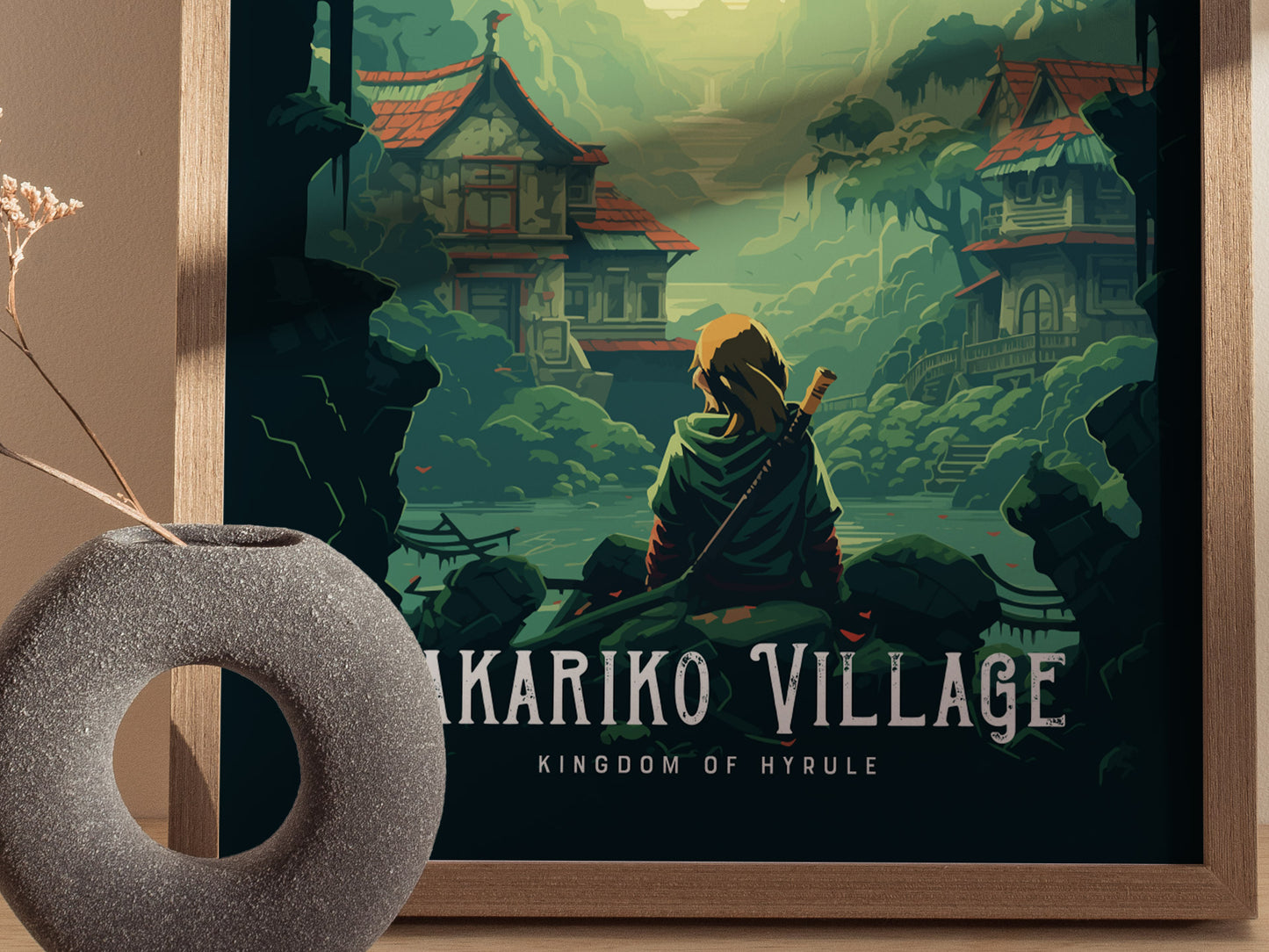 Framed artwork of a character in a forest with 'Kakiko Village' text, next to a decorative stone object.