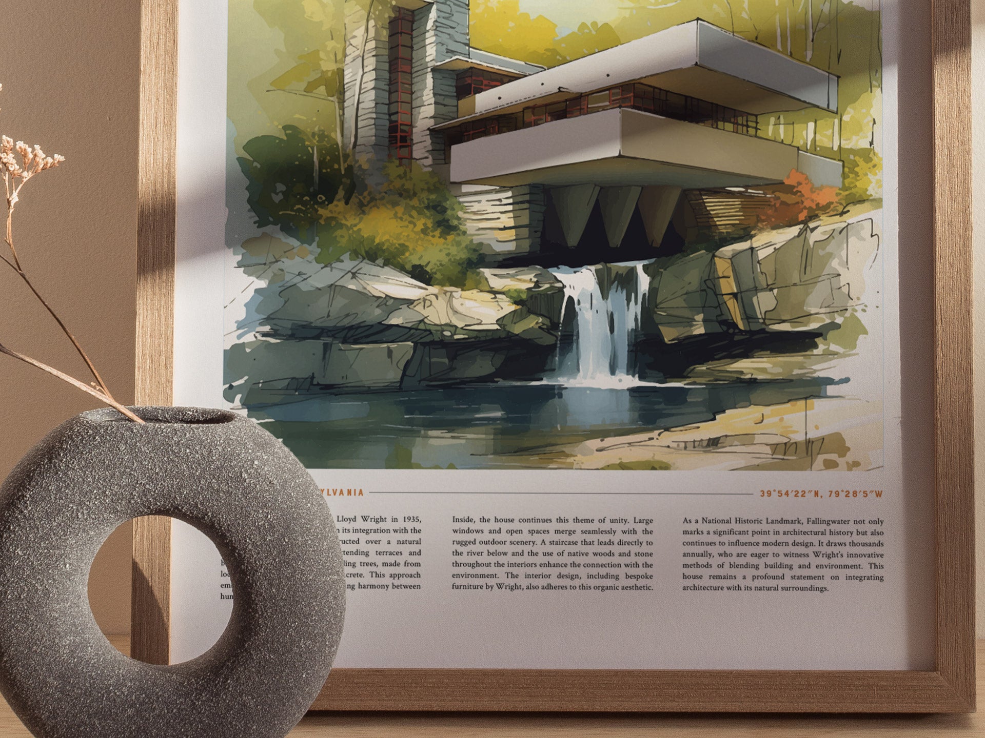 A framed watercolor illustration of Frank Lloyd Wrights Fallingwater is displayed on a wall, with a round, textured vase holding dried flowers in the foreground.