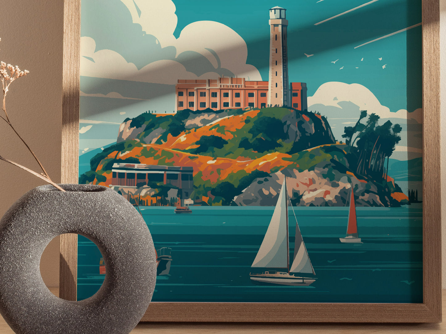 Illustrated poster of Alcatraz Island with a prominent lighthouse, surrounded by colorful cliffs and sailboats in the foreground. A textured gray vase with dried flowers is partially visible.
