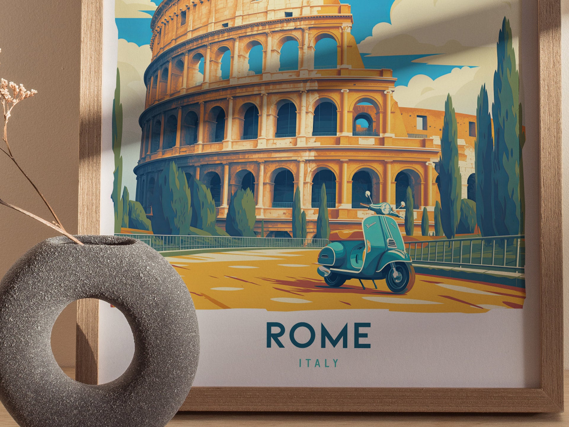 Rome Travel Poster | Vintage Colosseum & Vespa Italy Art Gift
