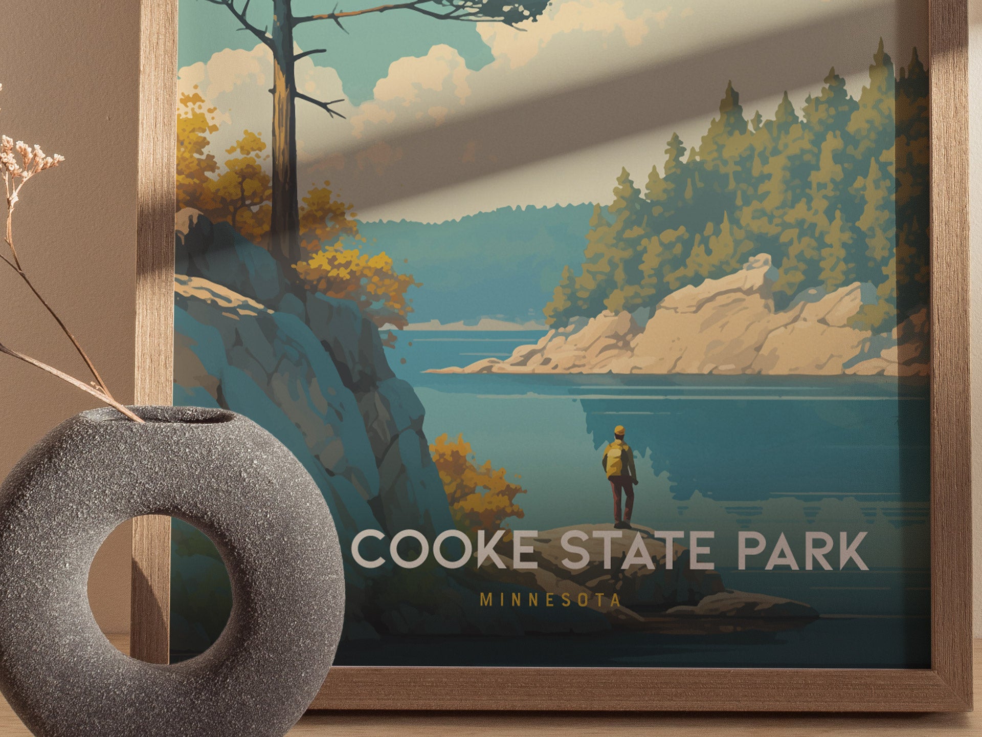 A framed poster of Cooke State Park features a scenic lake view with a person standing on a rock, surrounded by trees and cliffs, with a modern, bold design.