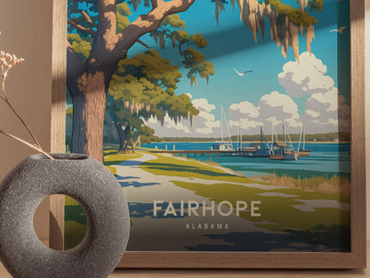 A framed poster of Fairhope, Alabama, featuring a scenic coastal view with a Southern live oak tree, Spanish moss, and boats on the water.