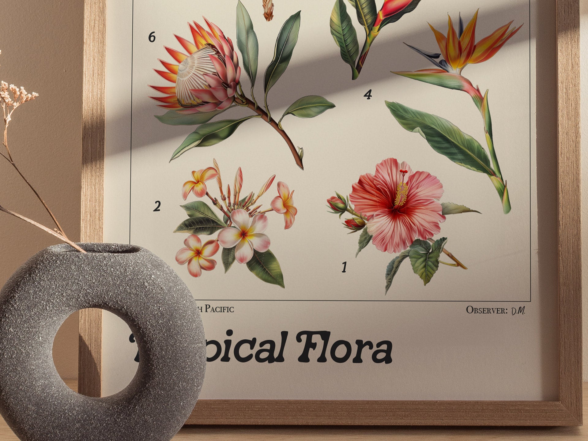 A framed botanical illustration poster features detailed drawings of tropical flowers, including hibiscus and plumeria, with Latin names. A textured gray vase with dried flowers is nearby.