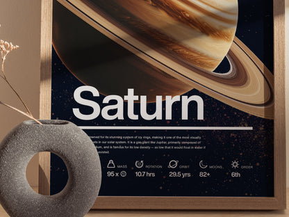 A framed poster of Saturn with text detailing planetary facts is displayed beside a textured, circular vase on a wooden surface.