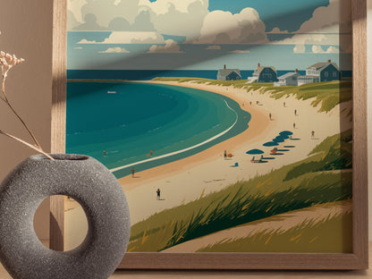 A framed coastal artwork depicts a sandy beach with umbrellas and distant cottages under a cloudy sky. A textured stone vase with dried flowers sits in the foreground.