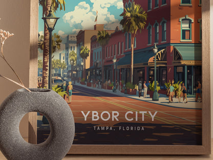 A colorful poster of Ybor City, Tampa, Florida, featuring vibrant street scenes, palm trees, and historic architecture. A grey circular vase with dried branches is in the foreground.