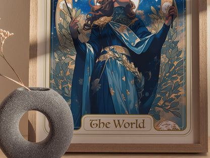 Home decor showing framed and unframed wall art posters depicting a crowned figure among arches and a starry sky.