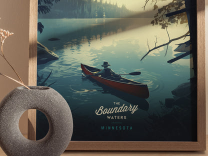 A framed poster depicts a person canoeing on a serene lake surrounded by trees, with the text The Boundary Waters, Minnesota visible. A textured vase sits nearby.