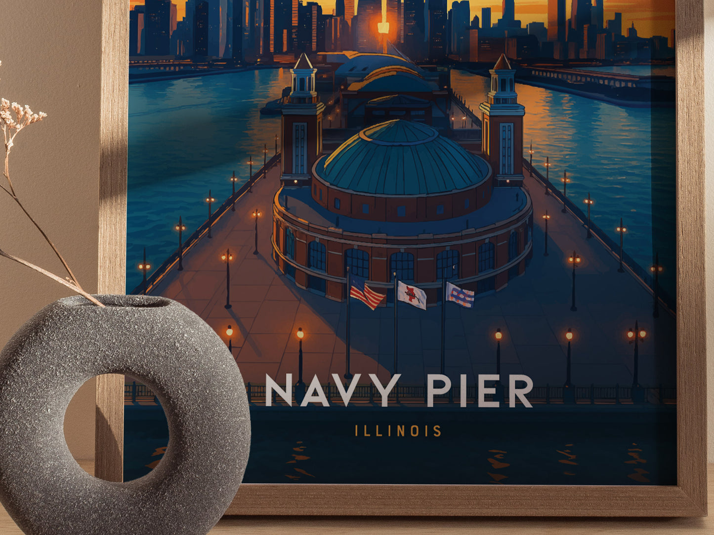 Navy Pier Chicago Poster | Skyline Sunset Wall Art Print